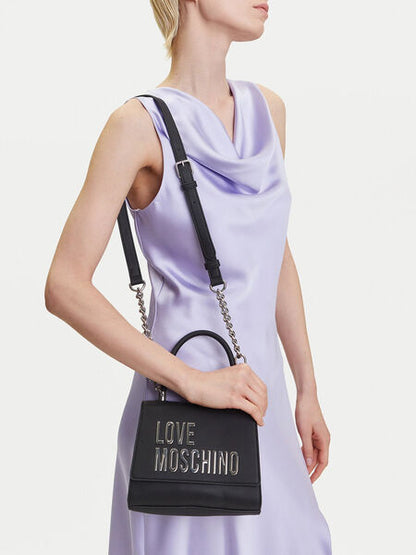 Black Leather Top Handle Bag with Logo Detail