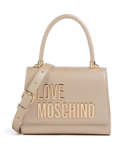 Beige Structured Handbag with Gold Logo Detail