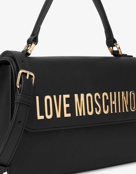 Black Logo Embellished Structured Handbag with Handle