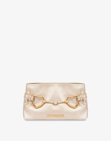 Gold-Tone Satin Clutch with Heart Accents