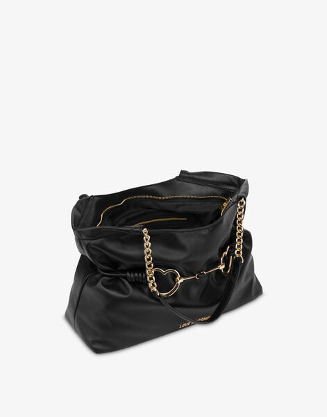 Black Faux Leather Tote with Heart Accent