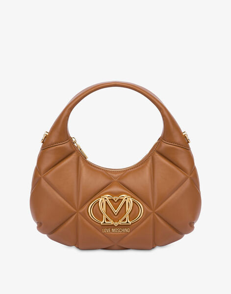 Brown Quilted Hobo Bag with Gold Logo Detail