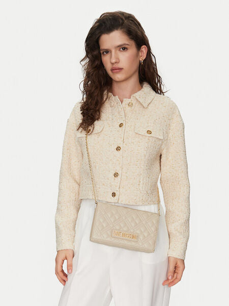 Beige Quilted Crossbody Bag with Gold Chain