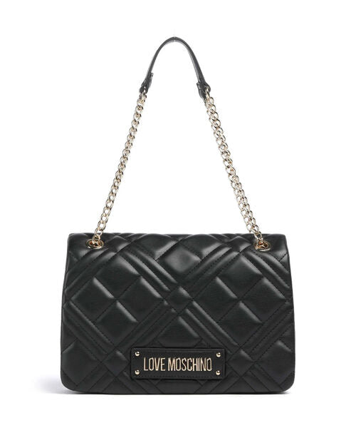 Black Quilted Chain Strap Bag with Logo Detail