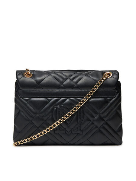 Black Quilted Chain Strap Bag with Logo Detail