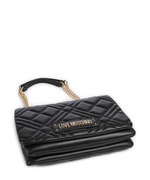 Black Quilted Chain Strap Bag with Logo Detail