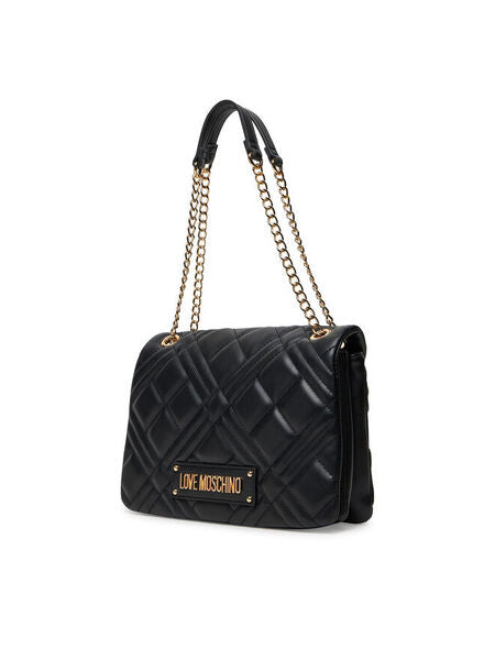 Black Quilted Chain Strap Bag with Logo Detail