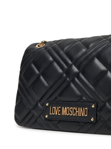 Black Quilted Chain Strap Bag with Logo Detail