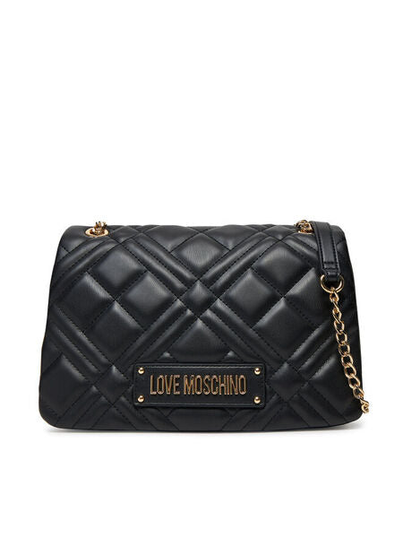 Black Quilted Chain Strap Bag with Logo Detail