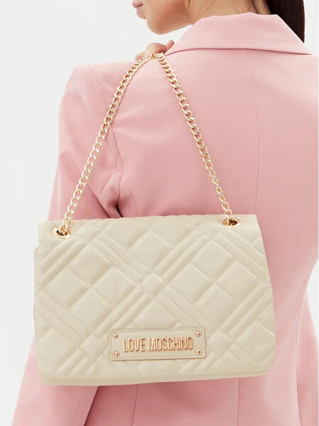 Cream Quilted Crossbody Bag with Chain Strap
