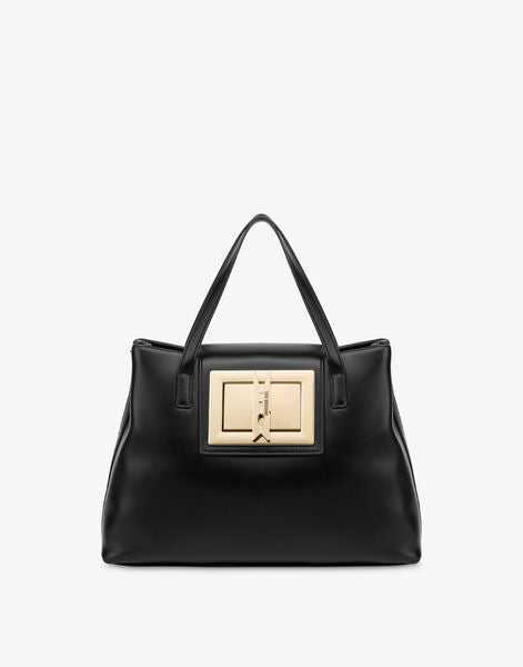 Black Leather Tote Bag with Gold Buckle
