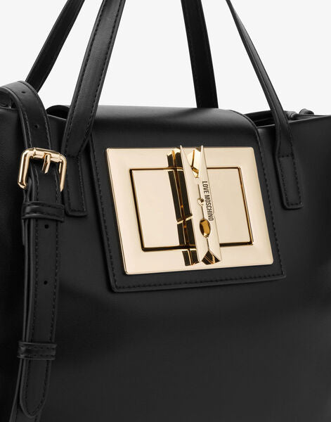 Black Leather Tote Bag with Gold Buckle