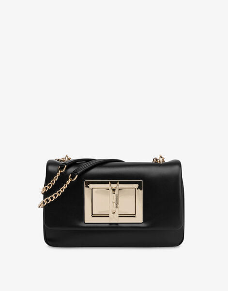 Black Leather Shoulder Bag with Gold Chain