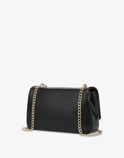 Black Leather Shoulder Bag with Gold Chain