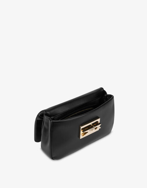 Black Leather Shoulder Bag with Gold Chain