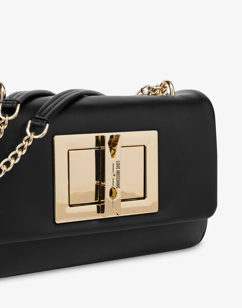 Black Leather Shoulder Bag with Gold Chain