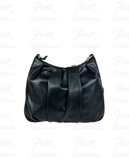 Black Gathered Leather Shoulder Bag with Chain Detail