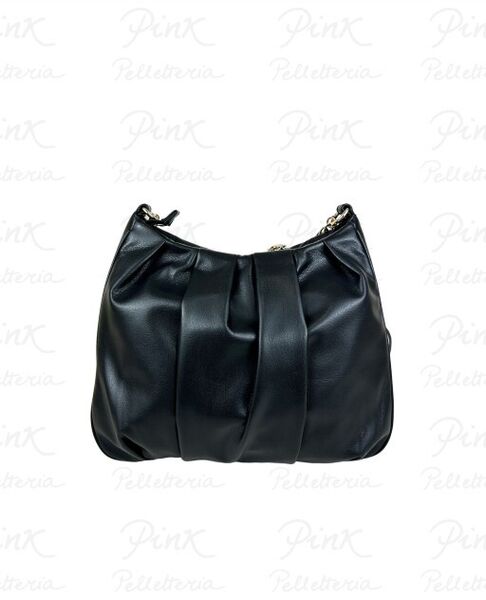 Black Gathered Leather Shoulder Bag with Chain Detail