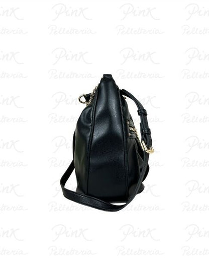 Black Gathered Leather Shoulder Bag with Chain Detail