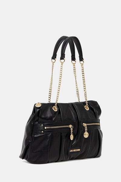 Black Textured Tote with Chain Detailing