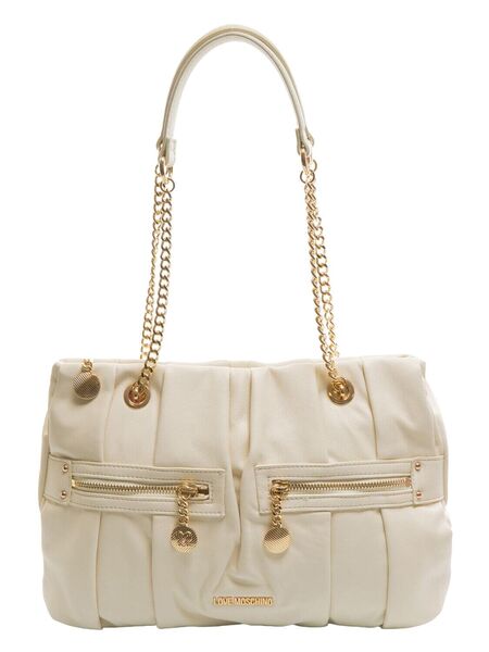 Cream Textured Handbag with Gold Chain Accents
