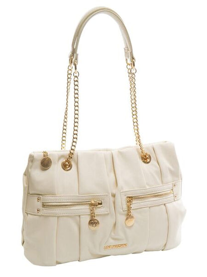 Cream Textured Handbag with Gold Chain Accents
