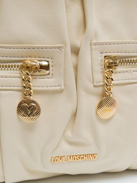 Cream Textured Handbag with Gold Chain Accents