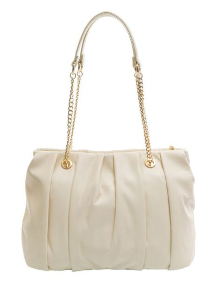 Cream Textured Handbag with Gold Chain Accents