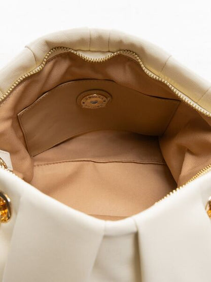Cream Textured Handbag with Gold Chain Accents