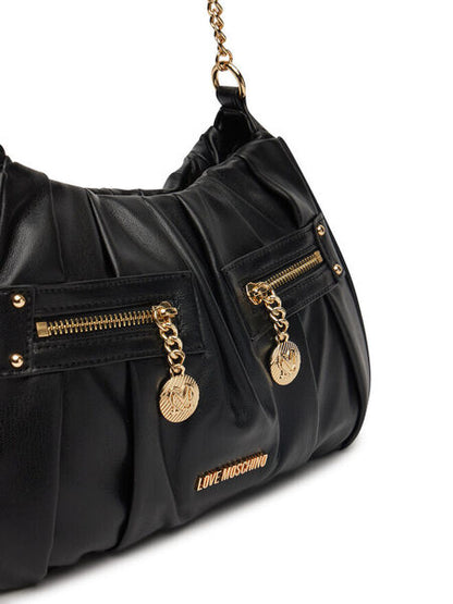 Black Quilted Shoulder Bag with Gold Accents