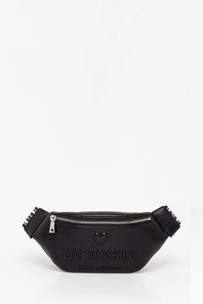 Black Embossed Belt Bag with Silver Zipper