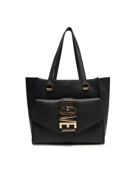 Black Textured Tote Bag with Gold Buckle