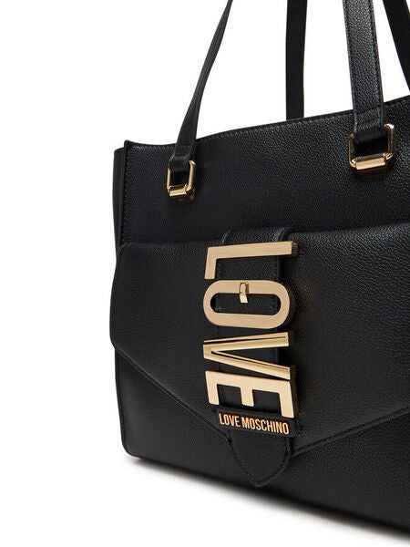 Black Textured Tote Bag with Gold Buckle