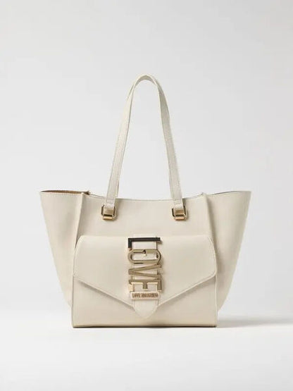 Cream Faux Leather Tote with Logo Accent