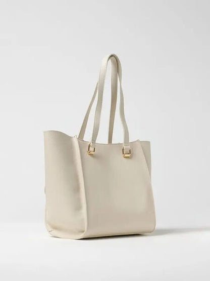 Cream Faux Leather Tote with Logo Accent