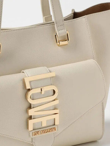 Cream Faux Leather Tote with Logo Accent