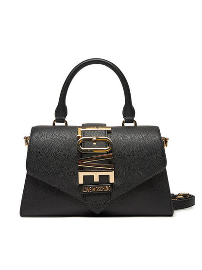 Black Textured Satchel with Gold Accents