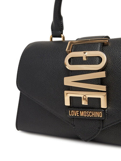 Black Textured Satchel with Gold Accents