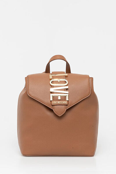 Brown Structured Leather Backpack with Logo Flap