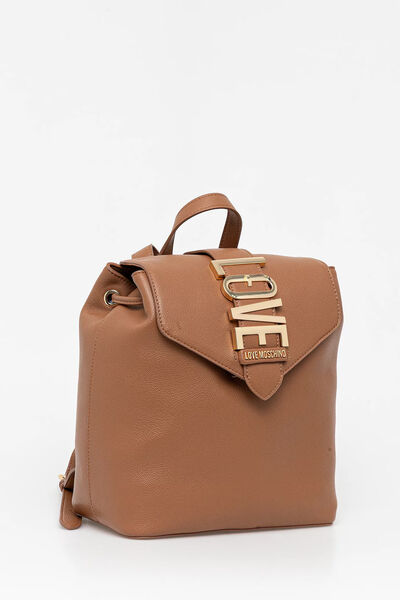 Brown Structured Leather Backpack with Logo Flap