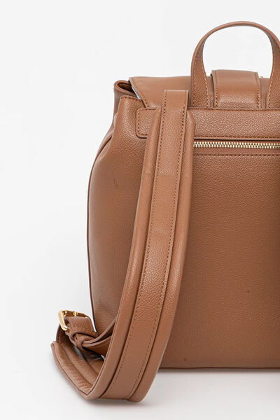 Brown Structured Leather Backpack with Logo Flap