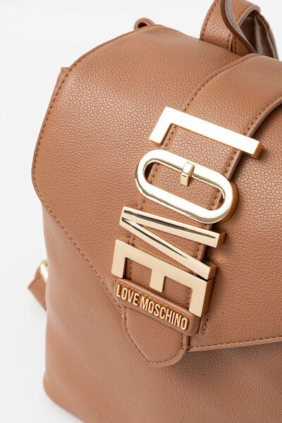 Brown Structured Leather Backpack with Logo Flap