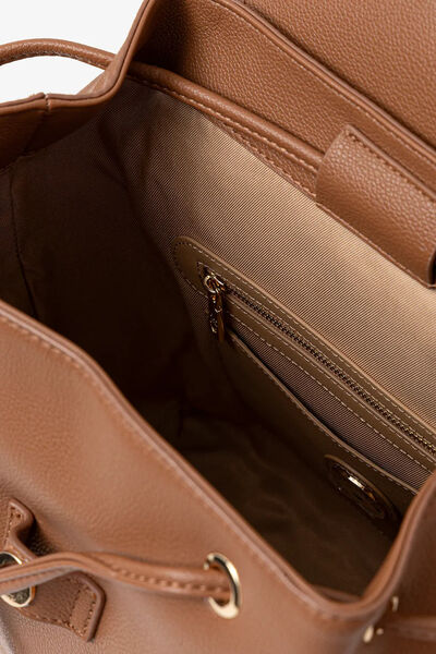 Brown Structured Leather Backpack with Logo Flap