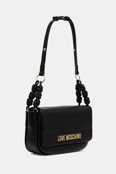 Black Faux Leather Shoulder Bag with Braided Strap