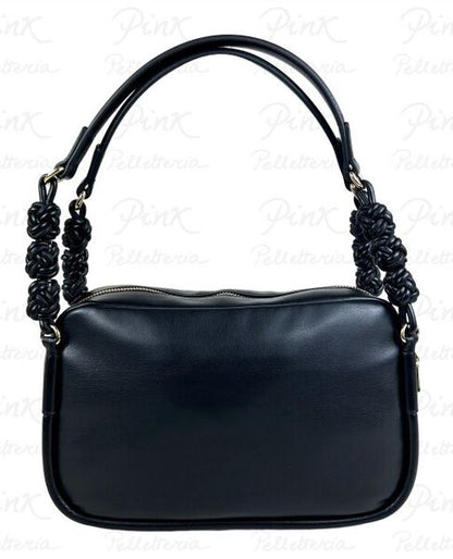 Black Faux Leather Shoulder Bag with Knotted Handles