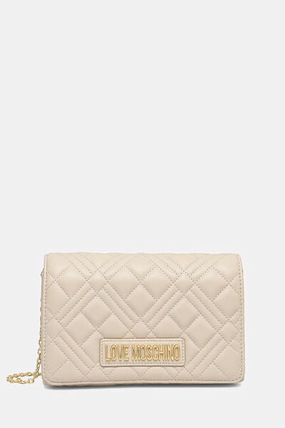 Beige Quilted Crossbody Bag with Gold Chain