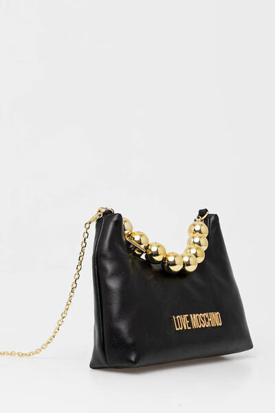 Black Faux Leather Hobo Bag with Statement Chain