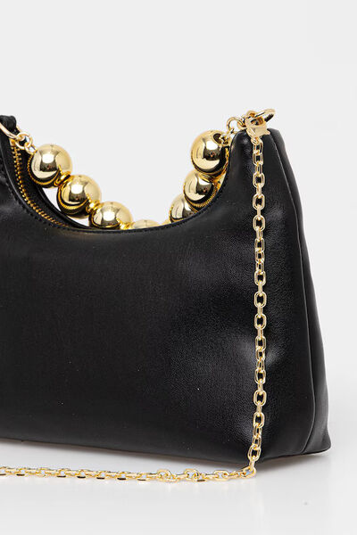 Black Faux Leather Hobo Bag with Statement Chain