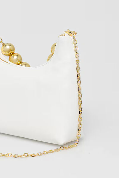 White Chain Accent Shoulder Bag with Gold Details