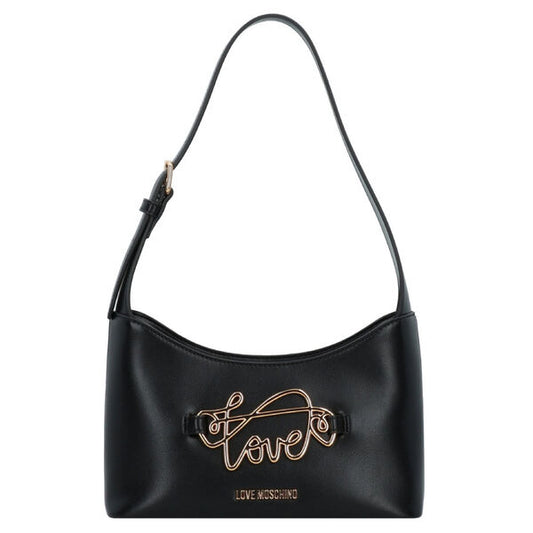 Black Faux Leather Shoulder Bag with Gold Logo Detail
